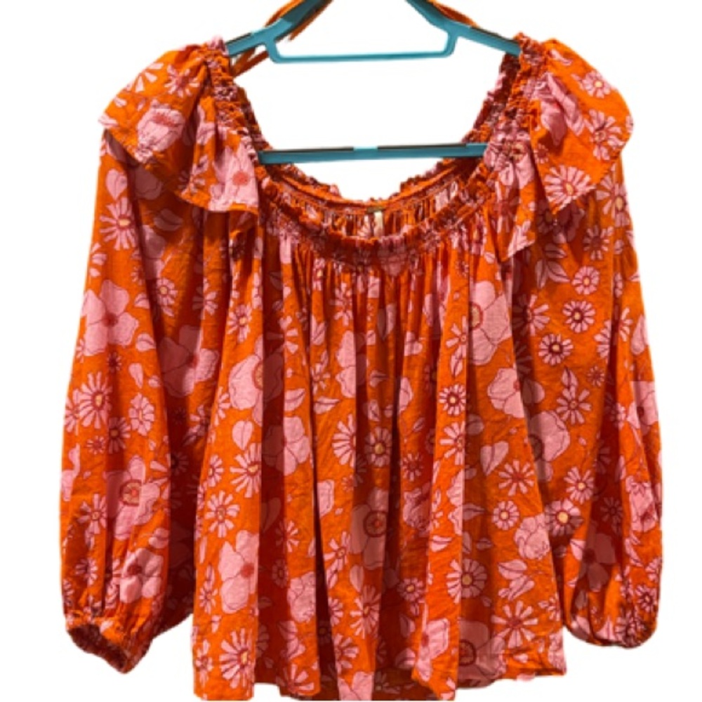 Free People Orange and Pink Floral Off-Shoulder Blouse